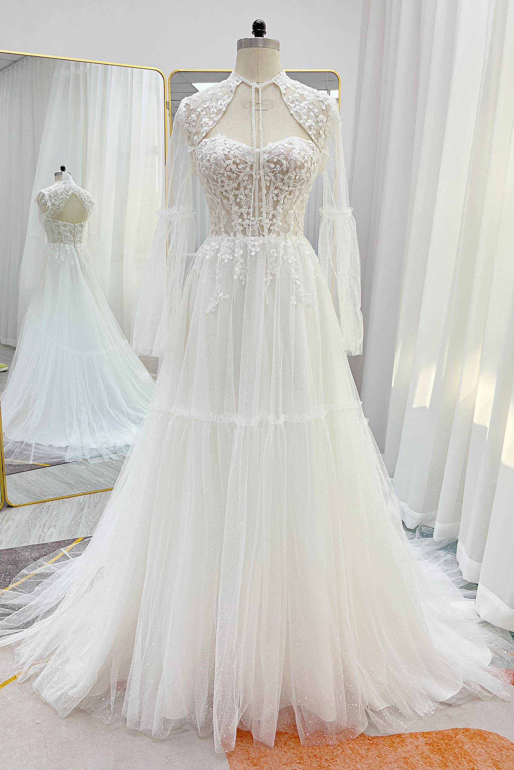 A-Line Court Train Lace Tulle Wedding Dress CW3263 - COCOMELODY